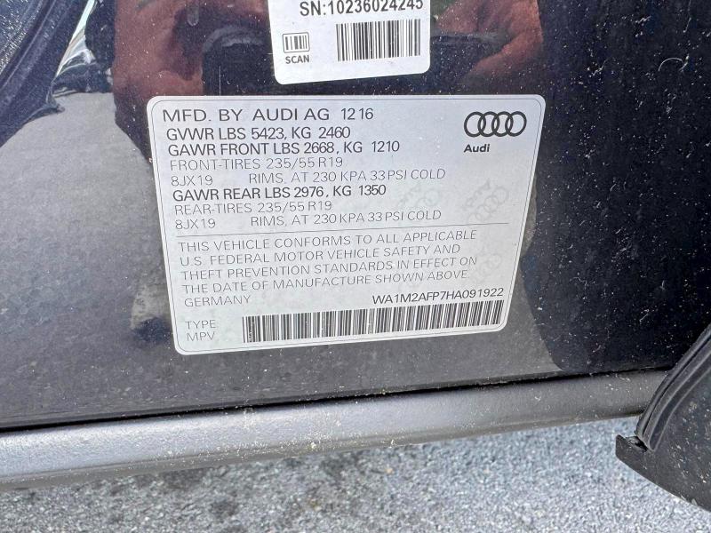 2017 Audi Q5 მანქანა იყიდება აუქციონზე, vin: WA1M2AFP7HA091922, აუქციონის ნომერი: 54631476
