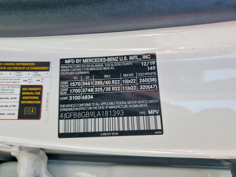 53931456 :رقم المزاد ، 4JGFB8GB9LA181393 vin ، 2020 Mercedes-benz Gle مزاد بيع
