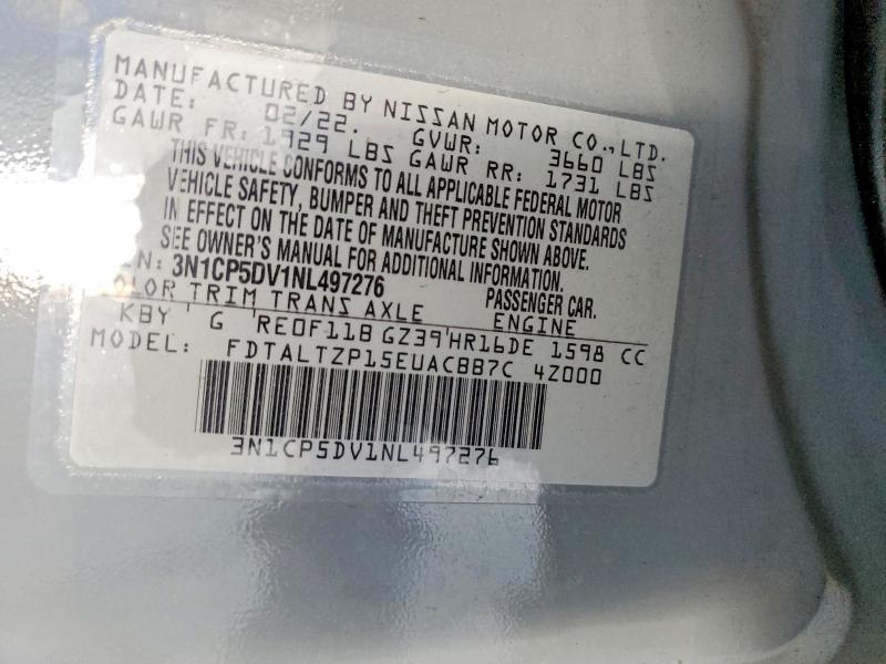 52591296 :رقم المزاد ، 3N1CP5DV1NL497276 vin ، 2022 Nissan Kicks مزاد بيع