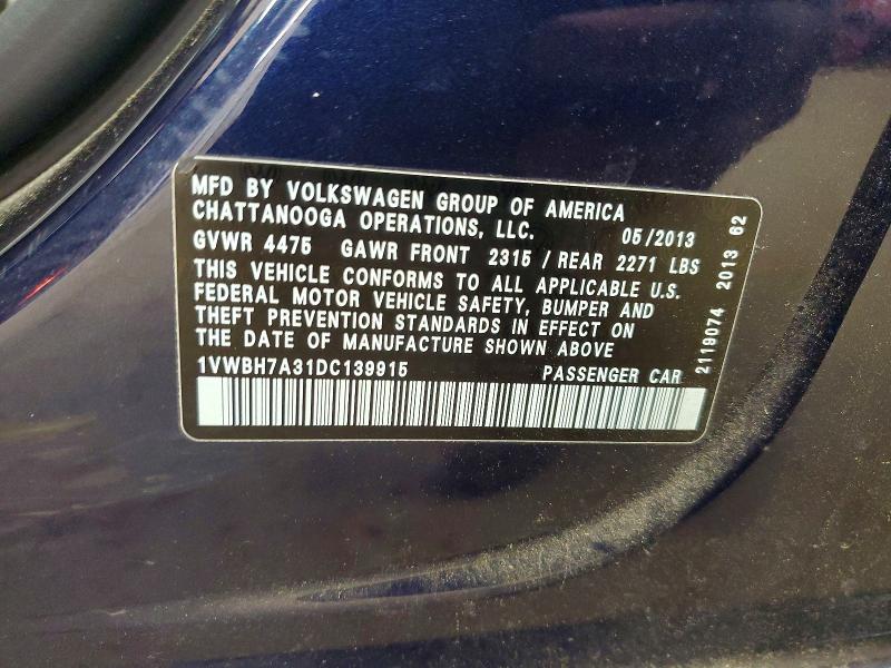 Продажа на аукционе авто 2013 Volkswagen Passat, vin: 1VWBH7A31DC139915, номер лота: 52140596