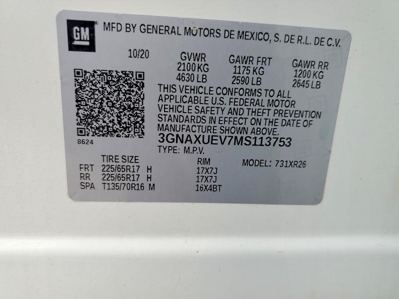 Продаж на аукціоні авто 2021 Chevrolet Equinox, vin: 3GNAXUEV7MS113753, номер лоту: 53894486