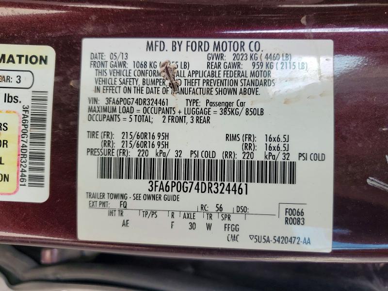 Продажа на аукционе авто 2013 Ford Fusion, vin: 3FA6P0G74DR324461, номер лота: 53392316