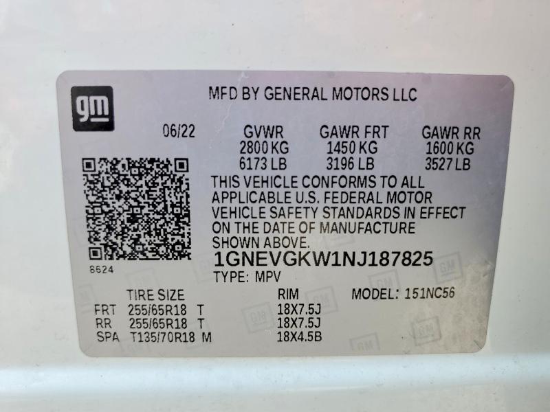 2022 Chevrolet Traverse მანქანა იყიდება აუქციონზე, vin: 1GNEVGKW1NJ187825, აუქციონის ნომერი: 53381936