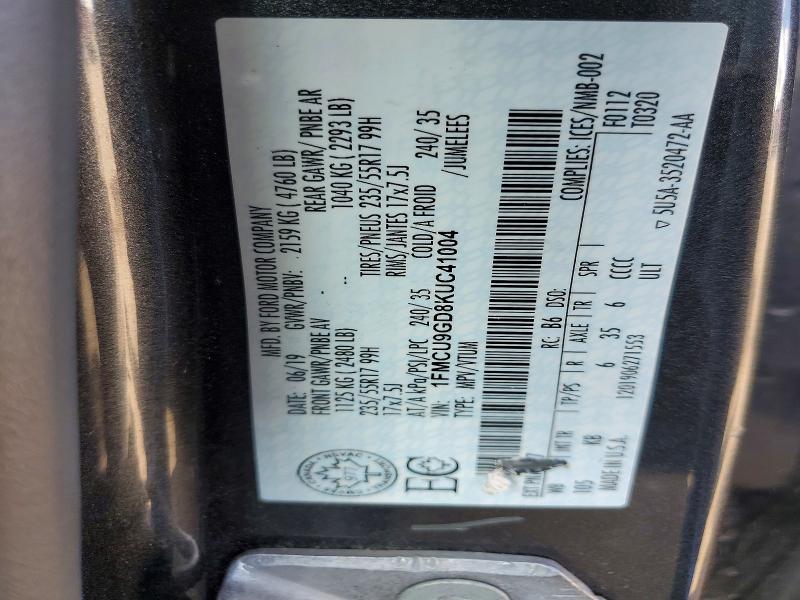 2019 Ford Escape მანქანა იყიდება აუქციონზე, vin: 1FMCU9GD8KUC41004, აუქციონის ნომერი: 53937686