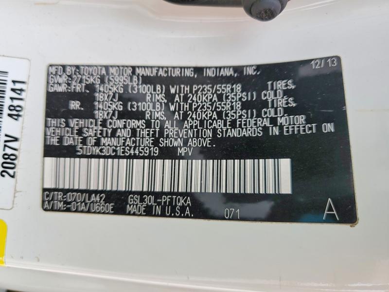 Aukcja sprzedaży 2014 Toyota Sienna, vin: 5TDYK3DC1ES445919, numer aukcji: 54853476