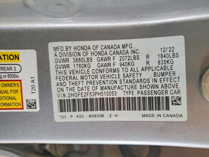 54054326 :رقم المزاد ، 2HGFE2F53PH510053 vin ، 2023 Honda Civic مزاد بيع