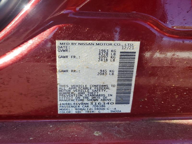 52570846 :رقم المزاد ، 1N4BL4EV8NN316340 vin ، 2022 Nissan Altima مزاد بيع