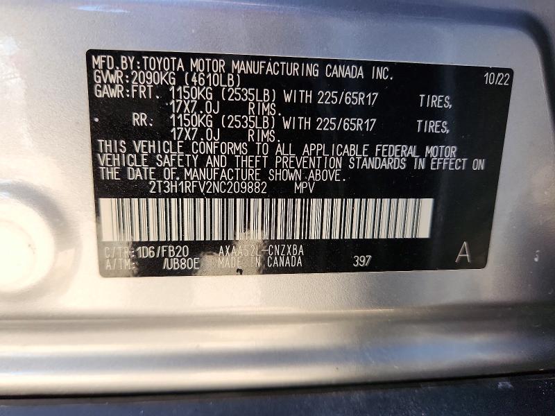 Aukcja sprzedaży 2022 Toyota Rav4, vin: 2T3H1RFV2NC209882, numer aukcji: 55093776
