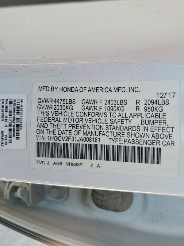 54156426 :رقم المزاد ، 1HGCV2F31JA008181 vin ، 2018 Honda Accord مزاد بيع