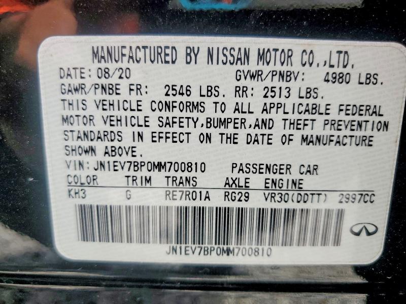 2021 Infiniti Q50 მანქანა იყიდება აუქციონზე, vin: JN1EV7BP0MM700810, აუქციონის ნომერი: 54970976