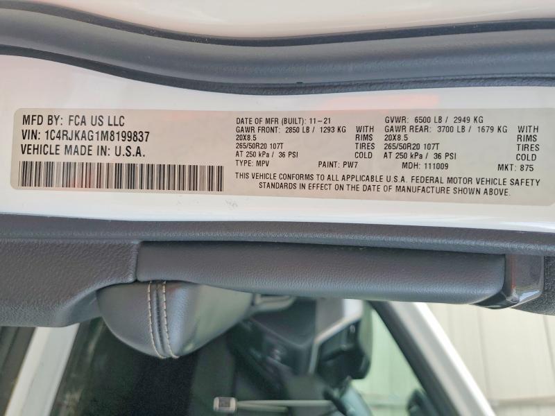 2021 Jeep Grand Cherokee მანქანა იყიდება აუქციონზე, vin: 1C4RJKAG1M8199837, აუქციონის ნომერი: 52758696