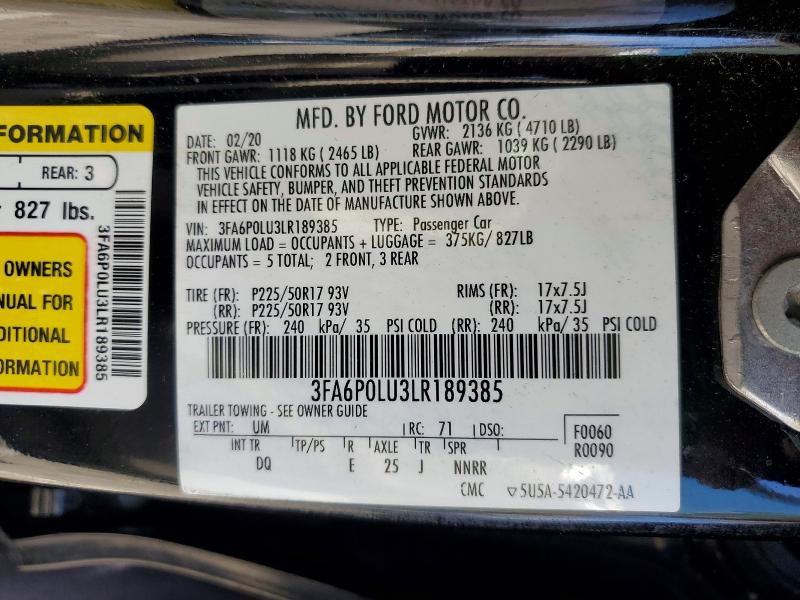 2020 Ford Fusion მანქანა იყიდება აუქციონზე, vin: 3FA6P0LU3LR189385, აუქციონის ნომერი: 54162496