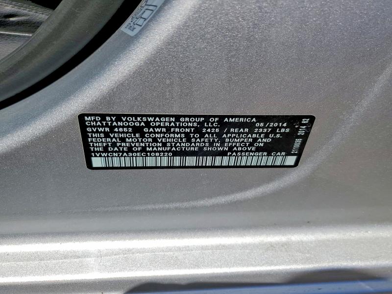 2014 Volkswagen Passat მანქანა იყიდება აუქციონზე, vin: 1VWCN7A30EC108220, აუქციონის ნომერი: 53563106