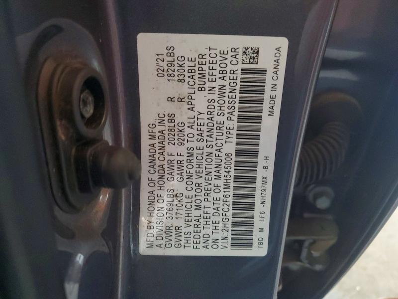 53790976 :رقم المزاد ، 2HGFC2F61MH545006 vin ، 2021 Honda Civic مزاد بيع