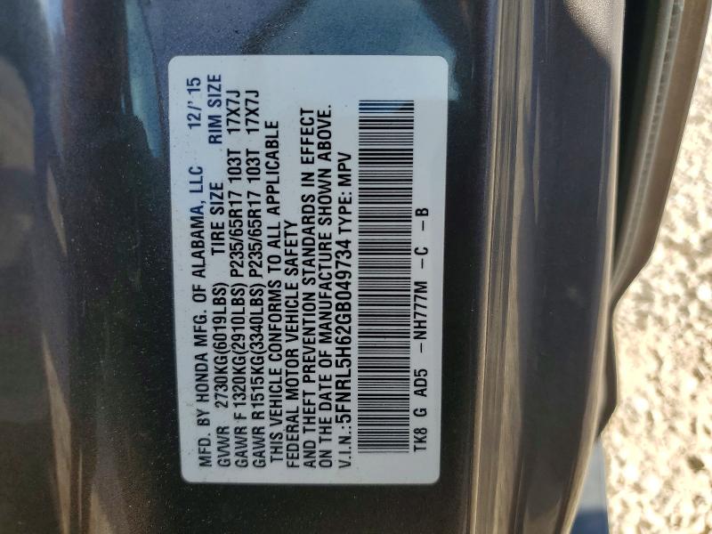 51442386 :رقم المزاد ، 5FNRL5H62GB049734 vin ، 2016 Honda Odyssey مزاد بيع