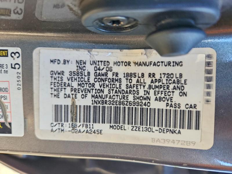 2006 Toyota Corolla მანქანა იყიდება აუქციონზე, vin: 1NXBR32E86Z699240, აუქციონის ნომერი: 52383176