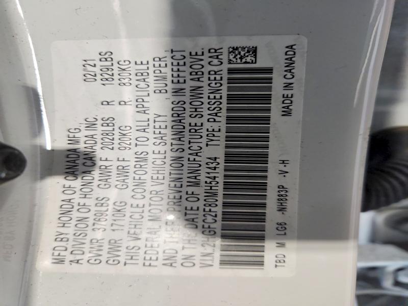 2021 Honda Civic მანქანა იყიდება აუქციონზე, vin: 2HGFC2F80MH541434, აუქციონის ნომერი: 53195576