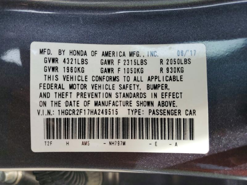 Продаж на аукціоні авто 2017 Honda Accord, vin: 1HGCR2F17HA249515, номер лоту: 55033296