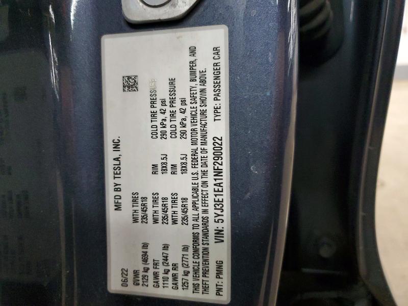 52211596 :رقم المزاد ، 5YJ3E1EA1NF290022 vin ، 2022 Tesla Model 3 مزاد بيع