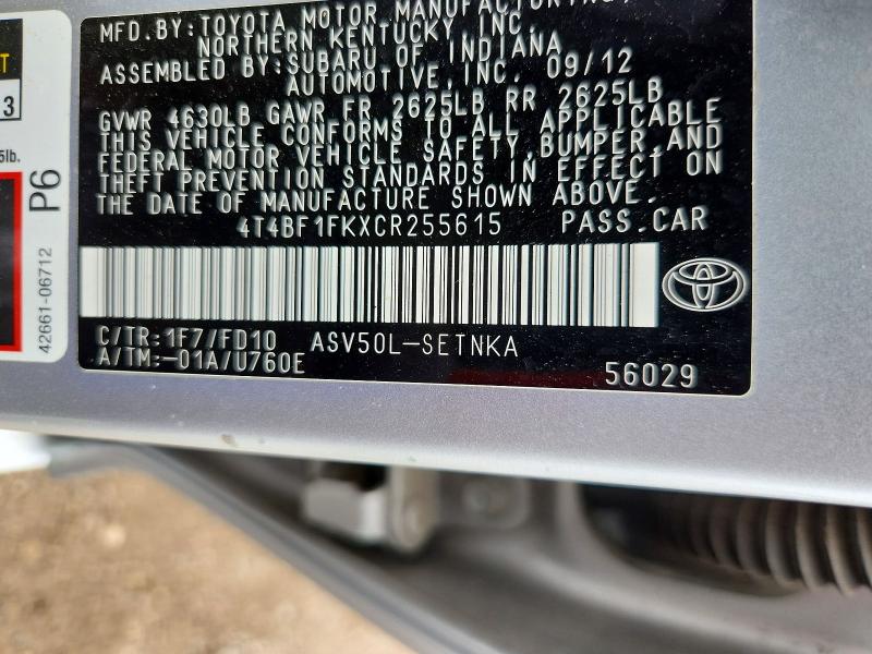 Продаж на аукціоні авто 2012 Toyota Camry, vin: 4T4BF1FKXCR255615, номер лоту: 54514976