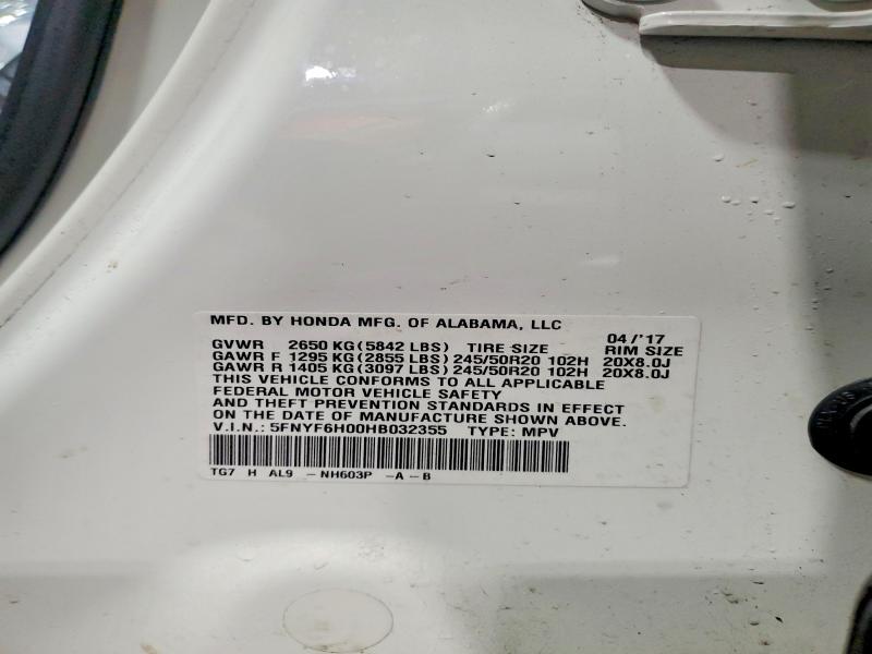 Aukcja sprzedaży 2017 Honda Pilot, vin: 5FNYF6H00HB032355, numer aukcji: 54172816