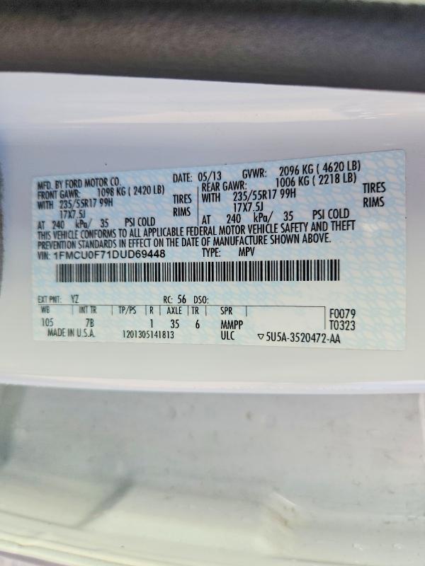 2013 Ford Escape მანქანა იყიდება აუქციონზე, vin: 1FMCU0F71DUD69448, აუქციონის ნომერი: 52872986