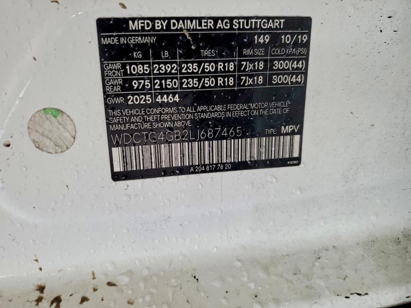 54020256 :رقم المزاد ، WDCTG4GB2LJ687465 vin ، 2020 Mercedes-benz Gla مزاد بيع