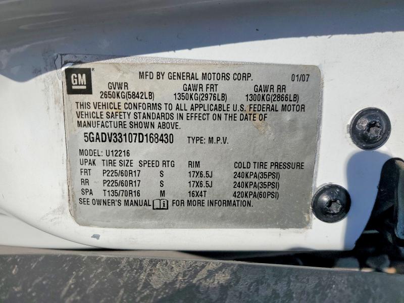 2007 Buick Terraza მანქანა იყიდება აუქციონზე, vin: 5GADV33107D168430, აუქციონის ნომერი: 54948126