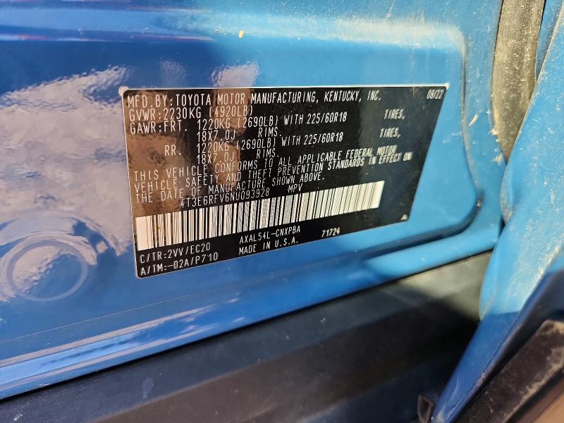 53459076 :رقم المزاد ، 4T3E6RFV6NU093928 vin ، 2022 Toyota Rav4 مزاد بيع