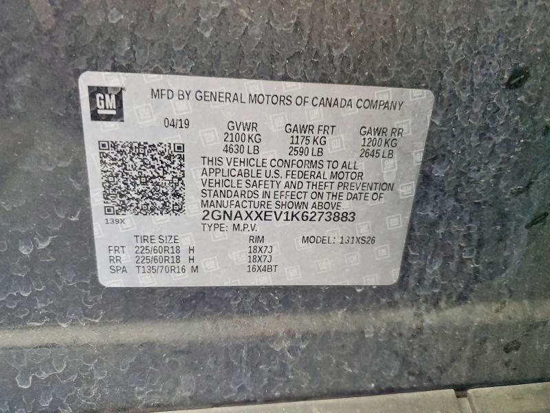Aukcja sprzedaży 2019 Chevrolet Equinox, vin: 2GNAXXEV1K6273883, numer aukcji: 52950026