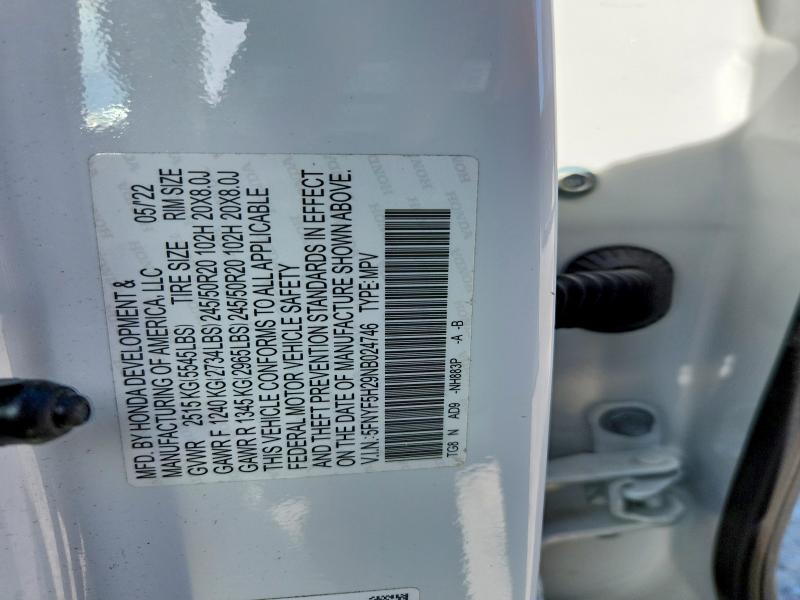 Aukcja sprzedaży 2022 Honda Pilot, vin: 5FNYF5H29NB024746, numer aukcji: 52393216