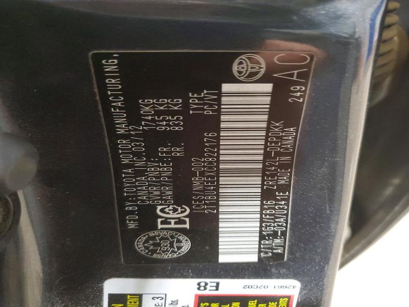 52523116 :رقم المزاد ، 2T1BU4EEXCC822176 vin ، 2012 Toyota Corolla مزاد بيع