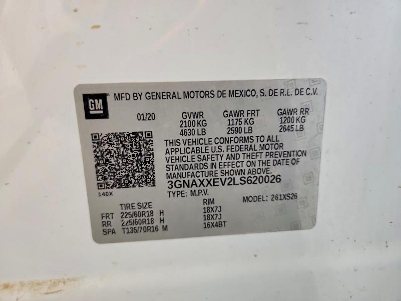 Продаж на аукціоні авто 2020 Chevrolet Equinox, vin: 3GNAXXEV2LS620026, номер лоту: 51798856