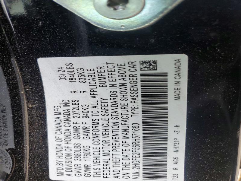 Aukcja sprzedaży 2024 Honda Civic, vin: 2HGFE2F56RH571660, numer aukcji: 54814836