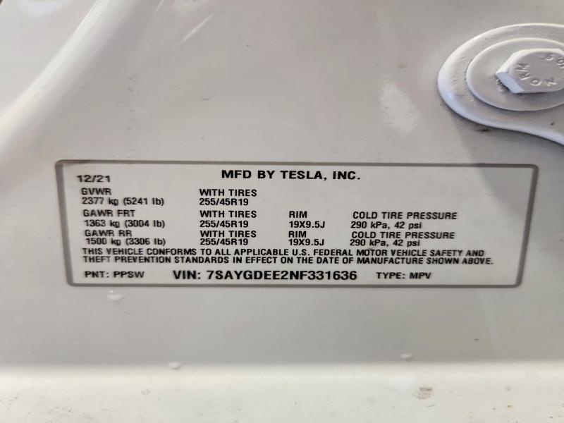 55128936 :رقم المزاد ، 7SAYGDEE2NF331636 vin ، 2022 Tesla Model Y مزاد بيع