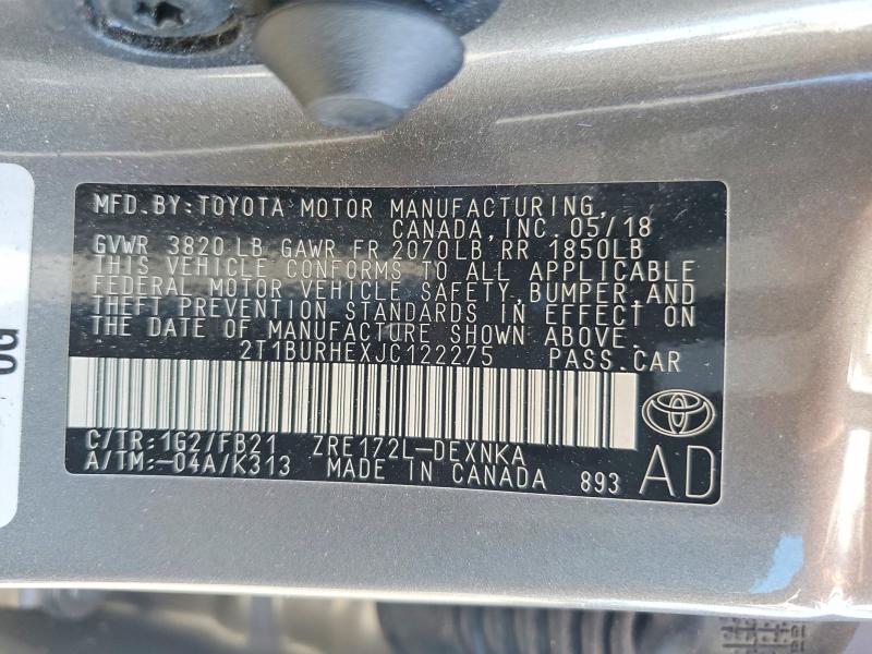 Продаж на аукціоні авто 2018 Toyota Corolla, vin: 2T1BURHEXJC122275, номер лоту: 55060516