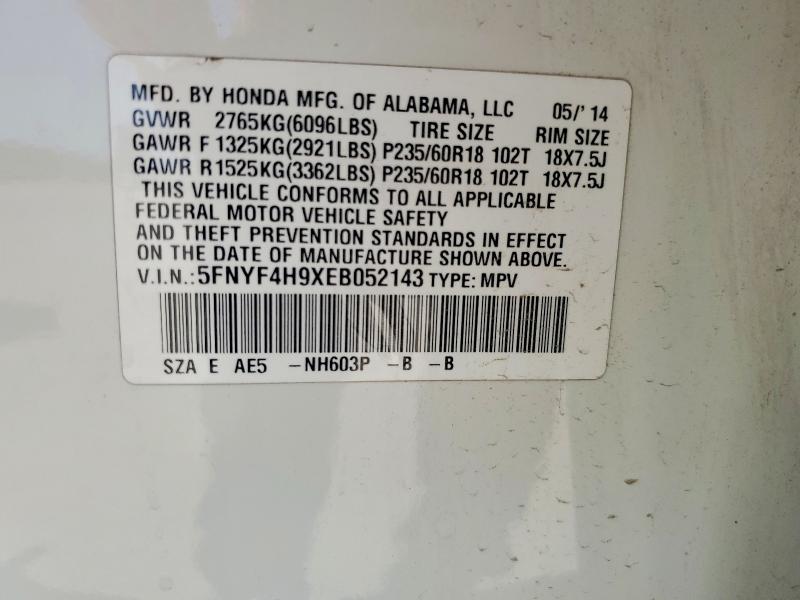 53116896 :رقم المزاد ، 5FNYF4H9XEB052143 vin ، 2014 Honda Pilot مزاد بيع