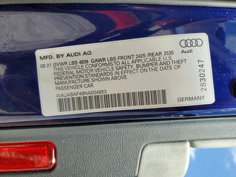 Продаж на аукціоні авто 2022 Audi A4, vin: WAUABAF49NA004853, номер лоту: 52345606