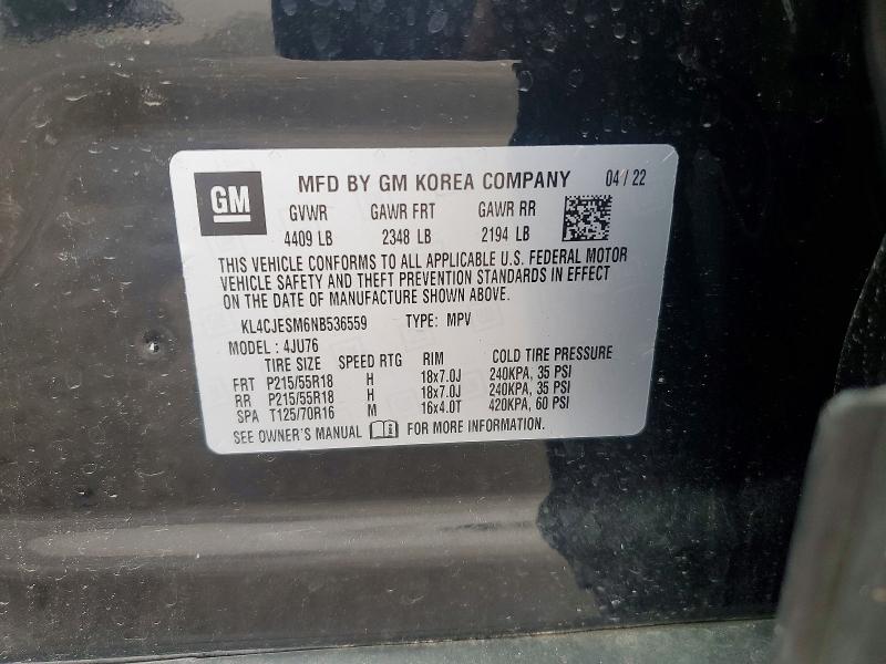 2022 Buick Encore მანქანა იყიდება აუქციონზე, vin: KL4CJESM6NB536559, აუქციონის ნომერი: 52623216