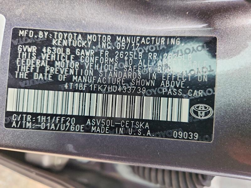 Aukcja sprzedaży 2017 Toyota Camry, vin: 4T1BF1FK7HU433739, numer aukcji: 52502796
