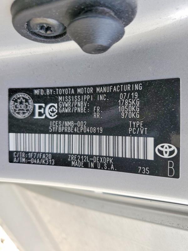 Продаж на аукціоні авто 2020 Toyota Corolla, vin: 5YFBPRBE4LP040819, номер лоту: 52486636