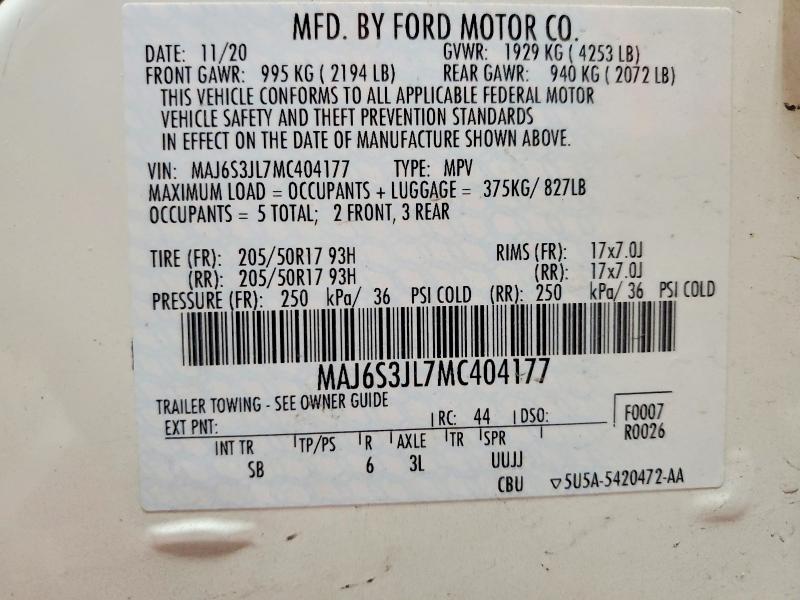 Aukcja sprzedaży 2021 Ford Ecosport, vin: MAJ6S3JL7MC404177, numer aukcji: 54699736