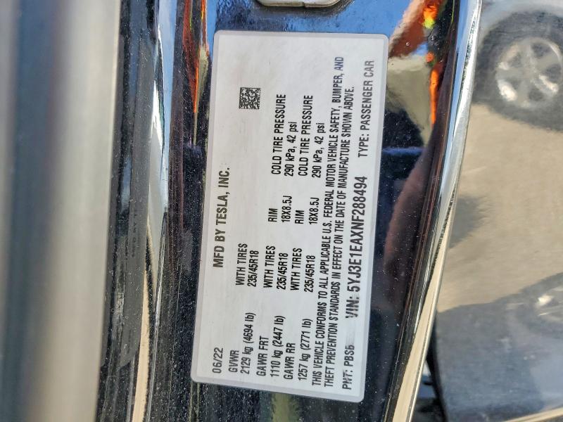 Продажа на аукционе авто 2022 Tesla Model 3, vin: 5YJ3E1EAXNF288494, номер лота: 52332326