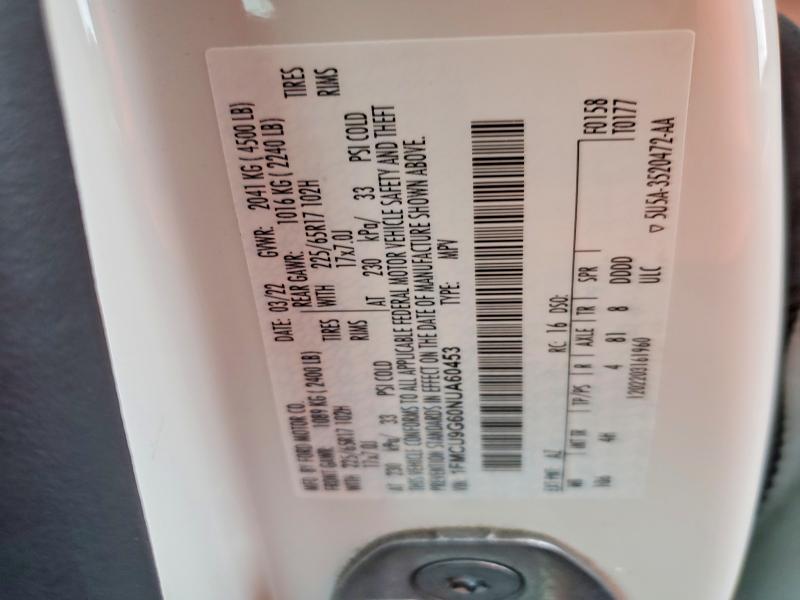 49789496 :رقم المزاد ، 1FMCU9G60NUA60453 vin ، 2022 Ford Escape مزاد بيع