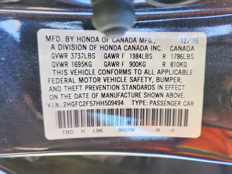 Продаж на аукціоні авто 2017 Honda Civic, vin: 2HGFC2F57HH509494, номер лоту: 53079806