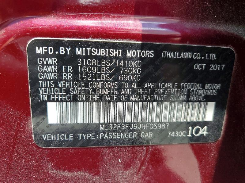54277316 :رقم المزاد ، ML32F3FJ9JHF05987 vin ، 2018 Mitsubishi Mirage مزاد بيع