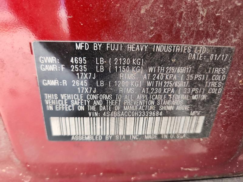 54429676 :رقم المزاد ، 4S4BSACC0H3339684 vin ، 2017 Subaru Outback مزاد بيع