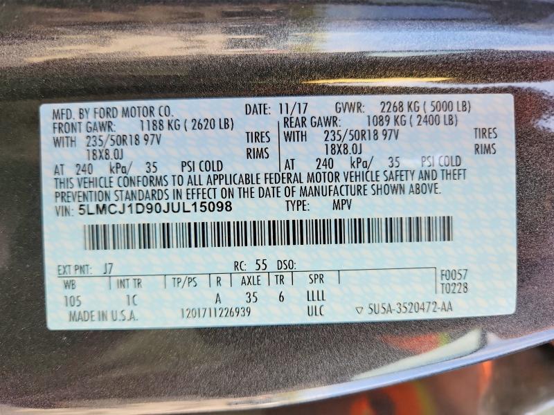 53325576 :رقم المزاد ، 5LMCJ1D90JUL15098 vin ، 2018 Lincoln Mkc مزاد بيع