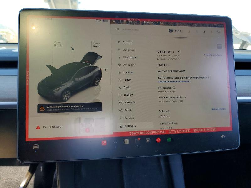 2022 Tesla Model Y მანქანა იყიდება აუქციონზე, vin: 7SAYGDEE9NF561190, აუქციონის ნომერი: 52887206