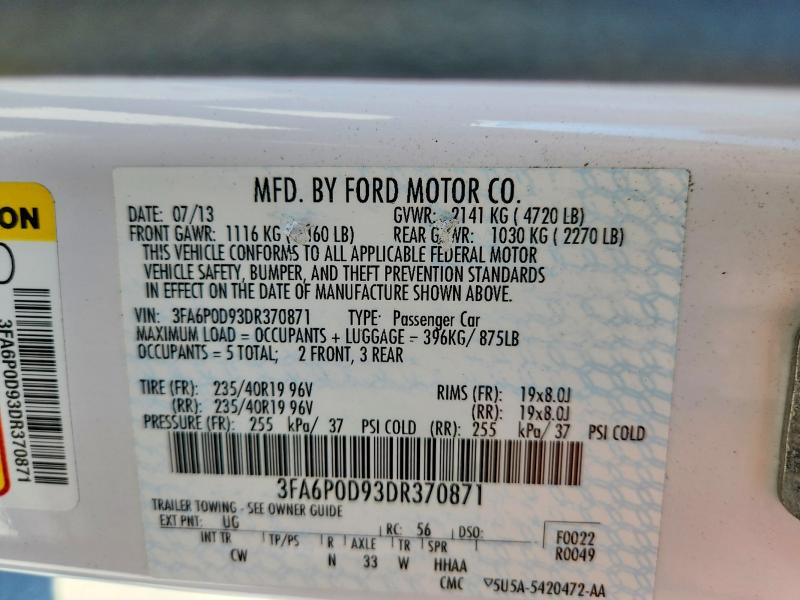 Aukcja sprzedaży 2013 Ford Fusion, vin: 3FA6P0D93DR370871, numer aukcji: 53037906